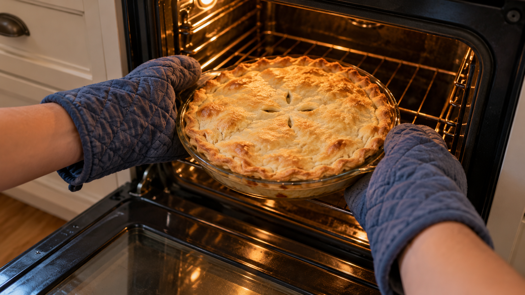 Chicken pot pie being pulled from an open oven with oven-mitted hands
