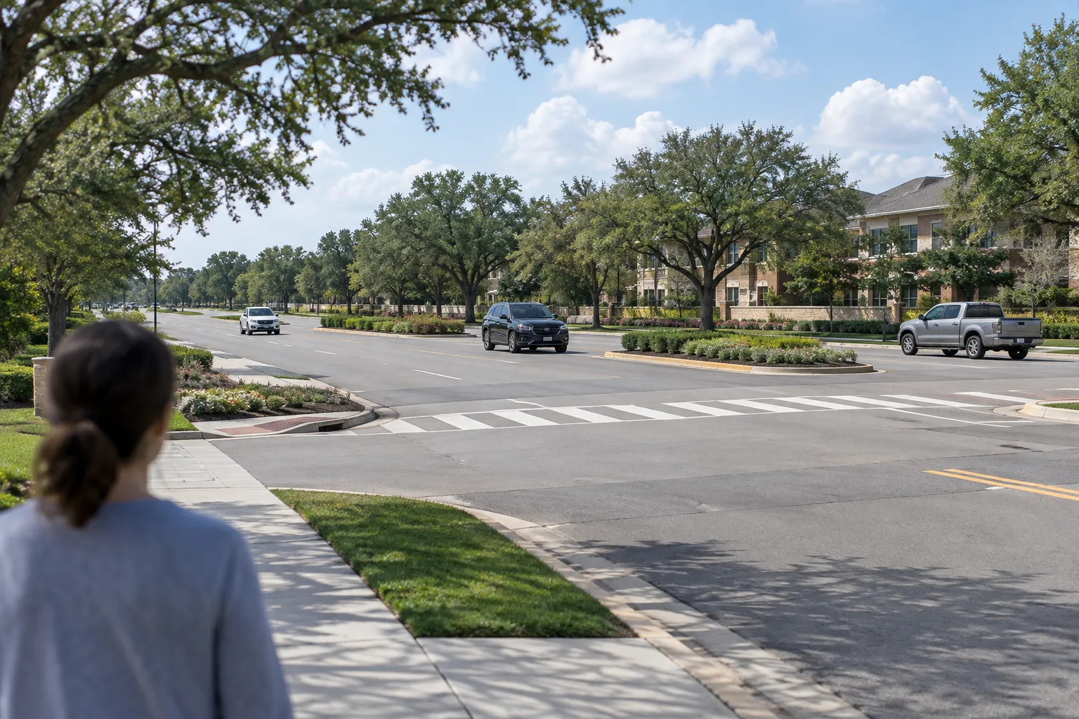 A suburban Texas intersection with sidewalks, crosswalks, live oaks, and an anonymous resident viewing the roadway.