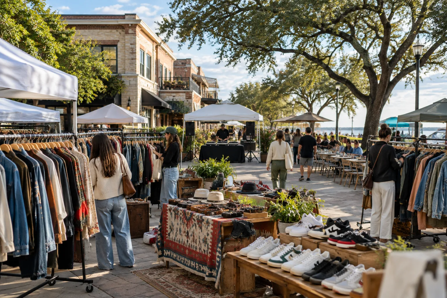 Anonymous shoppers browse vintage clothing, accessories, and sneakers at an outdoor market in a suburban Texas town square.