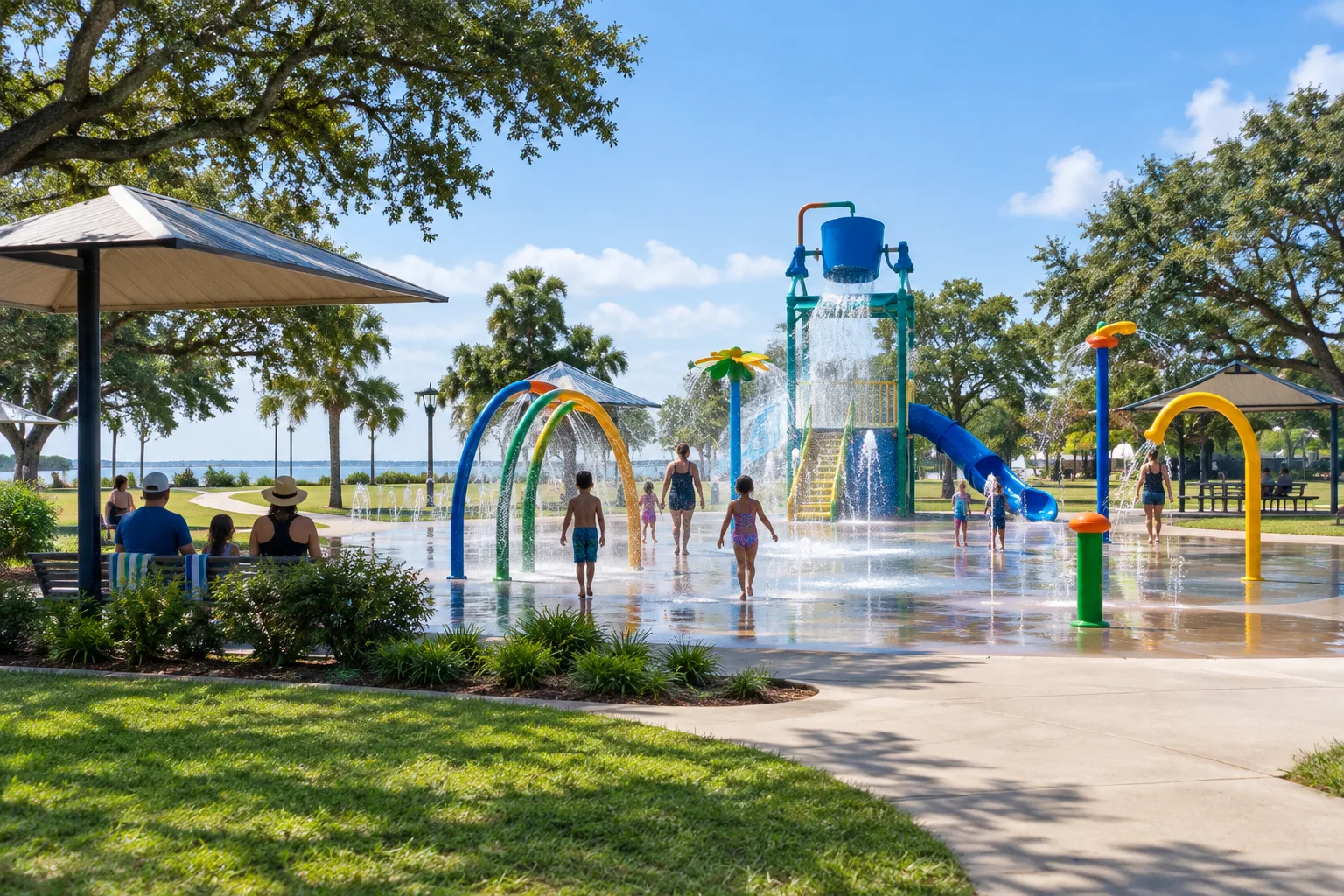 A modern splash pad with water features, shaded seating, trees and anonymous families in a sunny Texas park.