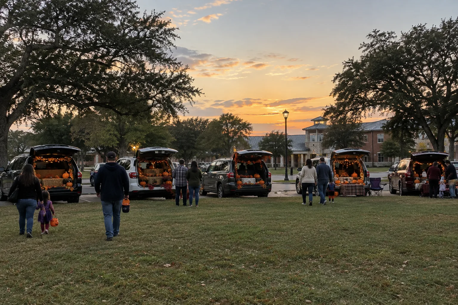 Families gather around decorated vehicle trunks at a suburban Texas Halloween event.